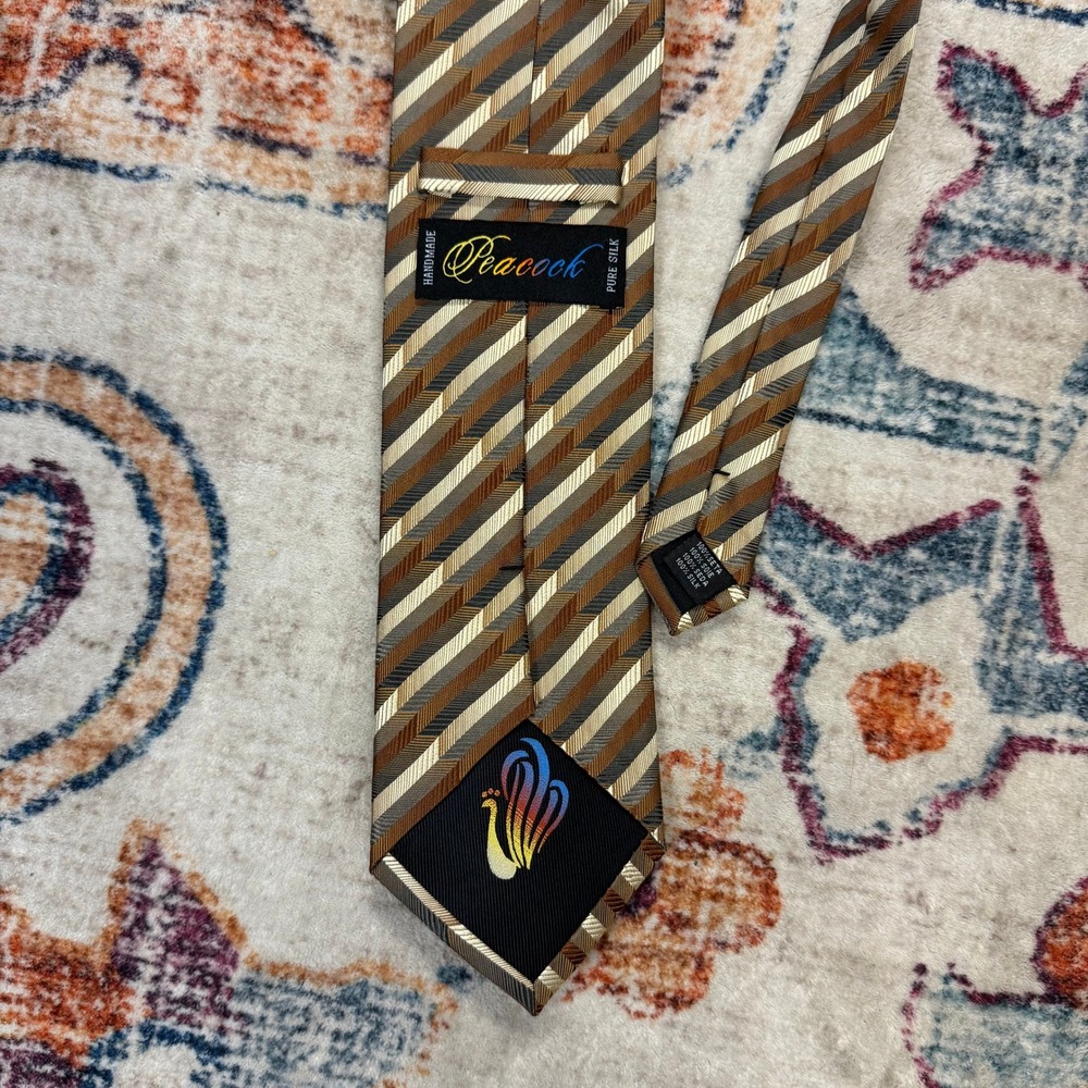Vintage Peacock Handmade‎ Pure Silk Men Striped Brown Gold Formal Necktie - Picture 2 of 3